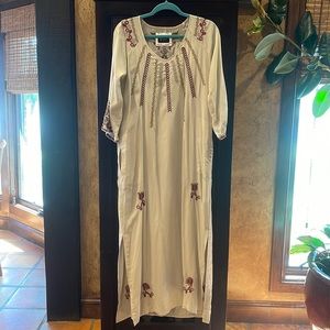 Johnny Was Biya Long Sleeve V-Neck Silk Embroidered Maxi Dress